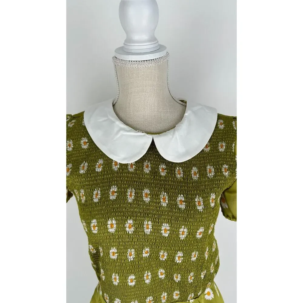 Smak Parlour Womens Green Floral Smocked Short Sleeve Flare Dress Size Medium